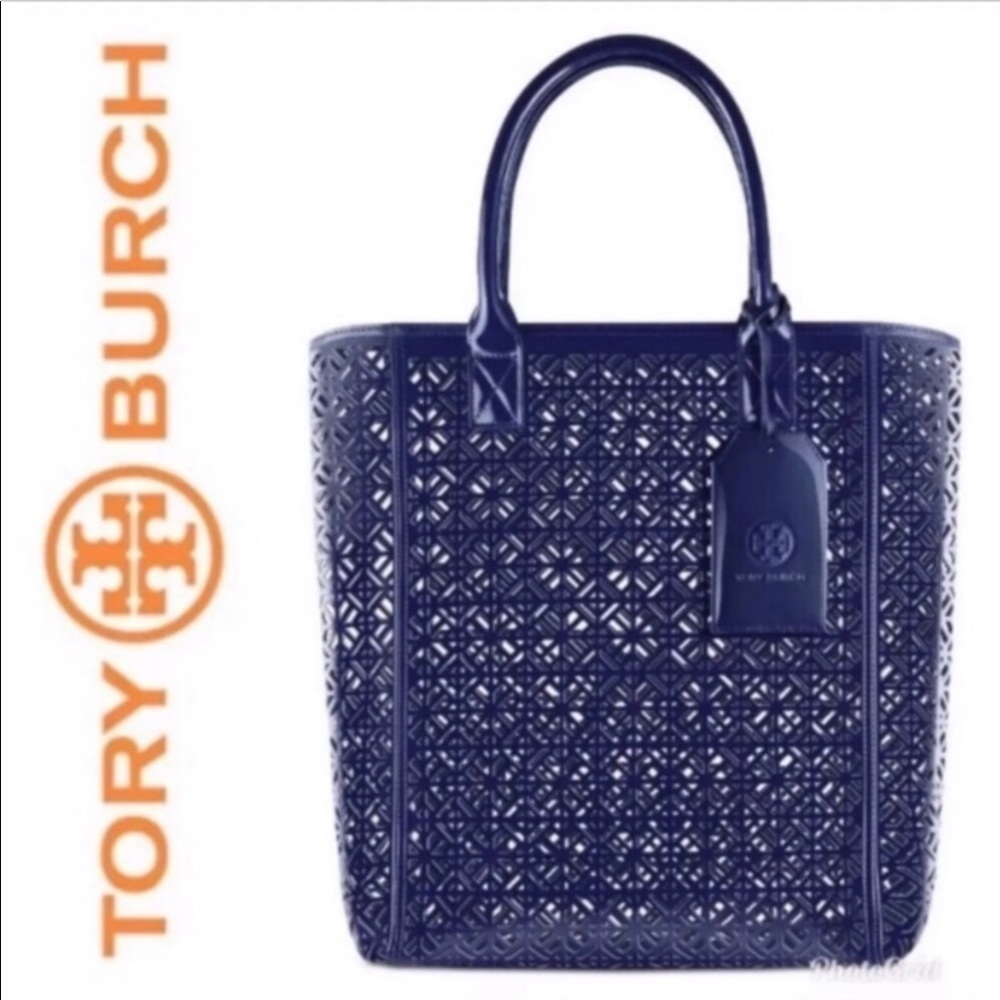 Tory Burch Large Navy Blue Lace Perforated Tote Bag